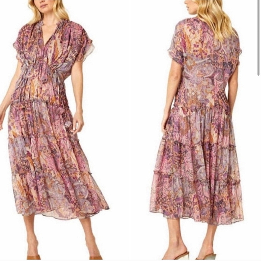MISA Ilya Dress Los Angeles Printed Midi Tiered Boho Flowy Floral Small NWT